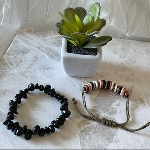Black chips bead stretchy, mix beads macrame bracelet - 2 pieces